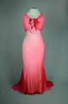 Evening gown, floor-length red and pink ombre chiffon with a train, 1930s, front view