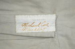 Man’s wedding vest, white and cream silk , 1907, detail of label