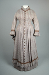 Housedress, cotton printed with a brown geometric pattern, separate underskirt, c. 1875, front view by Irma G. Bowen Historic Clothing Collection