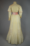 Dress, cream wool trimmed with lace, pink velvet, and multi-colored machine embroidery, 1908, back view by Irma G. Bowen Historic Clothing Collection