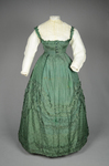 Dress, green damask silk with integral Swiss waist over a cotton blouse, 1860-1863, front view