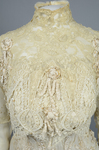 Dress, House of Rouff, cream wool with lace-draped bodice and sleeves, trimmed with cording, ribbon fronds, and roses, c. 1905, detail of bodice overlay by Irma G. Bowen Historic Clothing Collection