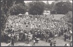 Park scene with couples dancing in the center of large crowd