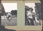 Two photographs mounted on construction paper, one of a man doing a broom dance and the other of a fiddle player