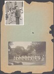 Two photographs mounted on construction paper, one of a man standing with men in morris outfits the other of morris dancers performing near a garden