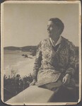 Helen Osborne Storrow sitting on a balcony at her Bermuda home "Fairwinds"