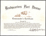 Headquarters Fort Devens Commander's Certificate presented to Major Ivorey Cobb, United States Army (Ret); June 27, 1978