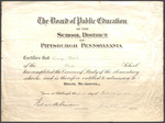 Watt School Elementary Course Completion and Highschool Admission Certificate issued to Ivorey Cobb, February 1, 1926 by The Board of Public Education of the School District of Pittsburgh Pennsylvania