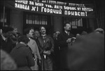 Reception for Henri Barbusse, French novelist and member of the Communist party, at a railroad station in Moscow, Russia, USSR, ca. 1932 by Jacobi, Lotte, 1896-1990