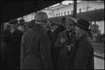 Karl Berngardovich Radek, writer and Marxist revolutionary, engaged in conversation on a railroad platform in Moscow, Russia, USSR, ca. 1932-1933 by Jacobi, Lotte, 1896-1990