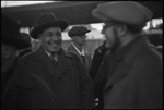 Group of men at a railroad station, with Karl Berngardovich Radek, a writer and Marxist revolutionary in the USSR, ca. 1932-1933 by Jacobi, Lotte, 1896-1990