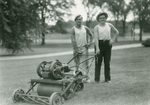 Arthur Leavenworth and John Holt with lawn mower, ca. 1930 by Clement Moran